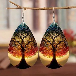 Sunset Tree Scene Teardrop Dangle Earrings
